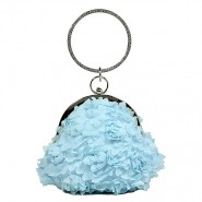 Evening Bag - Chiffon Rosettes w/ Rhinestone Ring Wristlet - Blue - BG-100187BL